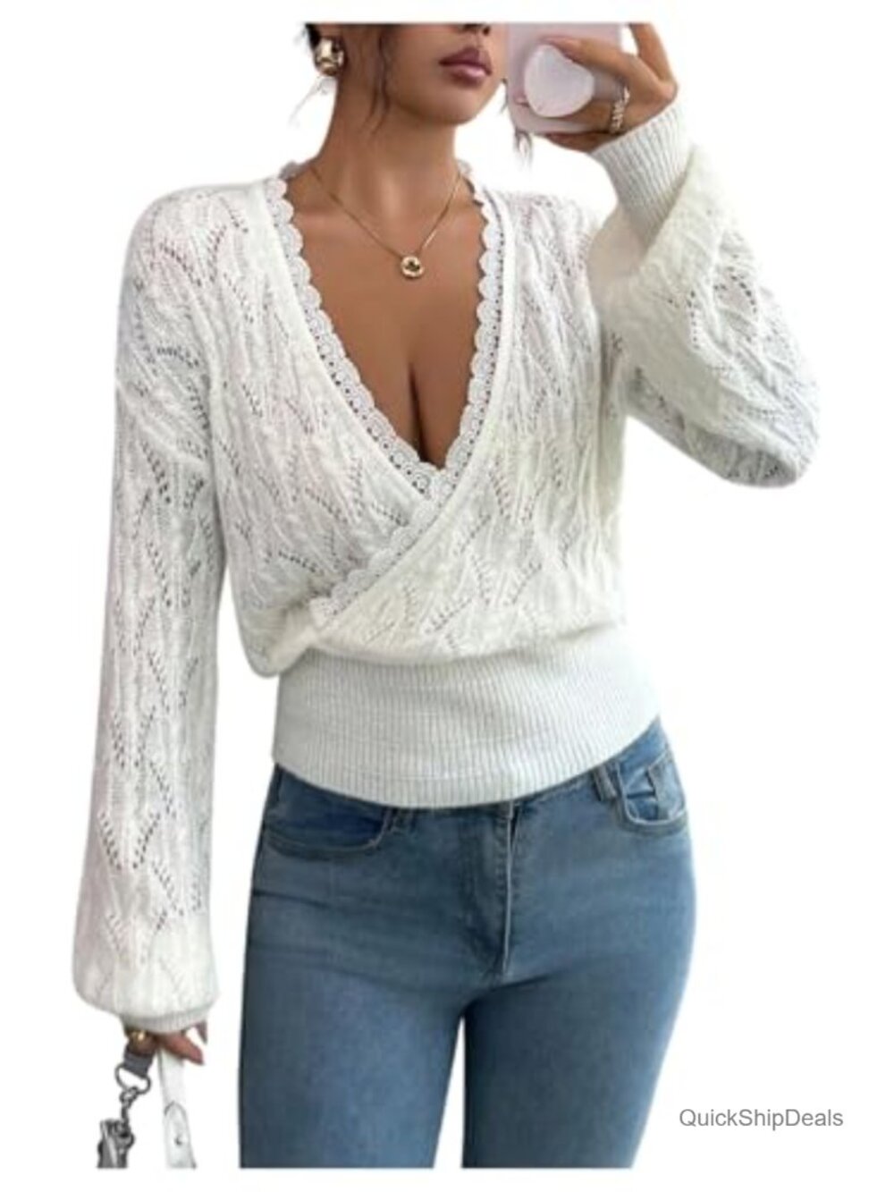 Lace Trim Crochet Knit V Neck Wrap Long Sleeve Pullover Sweater